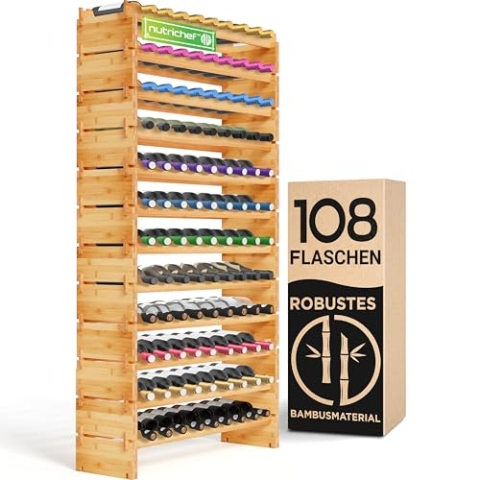 NutriChef Flaschenregal Holz, Weinregal Holz – Wine Rack – Flaschenregal Stapelbar Modular für 108 Flaschen, Flaschenregal Schmal mit 85 x 25 x 159cm, Flaschenschrank als Weinregal Stehend