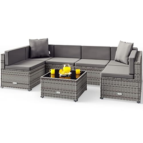 Casaria® Gartenmöbel Set Lounge Polyrattan 5 Personen Wetterfest Balkonmöbel Tisch Sicherheitsglas Outdoor Terrasse Eck Sofa Sitzkissen Grau-Anthrazit