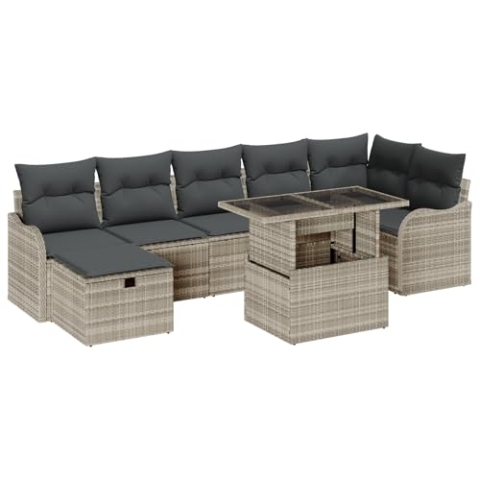 vidaXL 8-teiliges Garten-Sofa-Set mit Kissen in Hellgrau aus Poly-Rattan, 2-Sitzer Garten-Sofa mit Stauraum & Kissen in Hellgrau aus Poly-Rattan