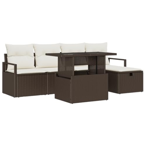 vidaXL 6-teiliges Garten Sofa Set mit Kissen - Braunes Poly Rattan, 2-Sitzer Garten Sofa mit Kissen - Braunes Poly Rattan