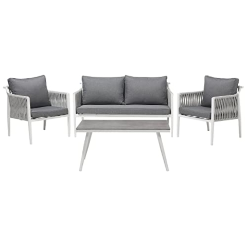 Beliani Lounge Set für 4 Personen mit Seilbespannung Aluminium weiß Auflagen grau Latina