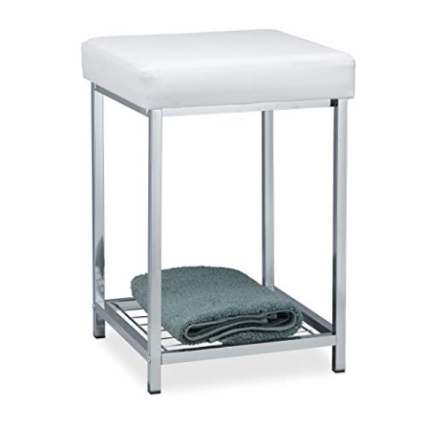 Relaxdays, weiß Hocker gepolstert, Kleiner Sitzhocker, Quadratisch, Polsterhocker mit Ablage, Badhocker, HBT 47x33x33cm