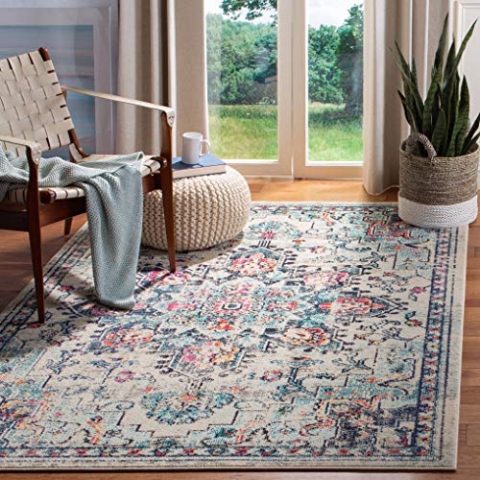 SAFAVIEH Boho Teppich für Wohnzimmer, Esszimmer, Schlafzimmer - Madison Collection, Kurzer Flor, Creme und Blau, 180 X 300 cm