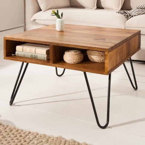 invicta INTERIOR Handgearbeiteter Couchtisch Scorpion 60cm Sheesham Metall Hairpin Legs in Schwarz Wohnzimmertisch aus Massivholz Sofatisch Beistelltisch