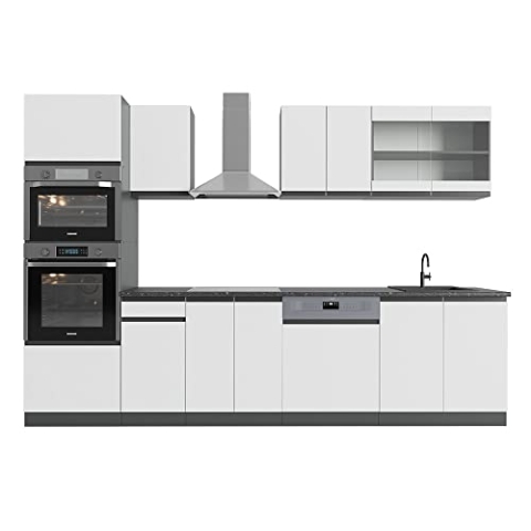 Vicco Küchenzeile R-Line, Weiß/Anthrazit, 300 cm J-Shape, mit Hochschrank, ohne Arbeitsplatte