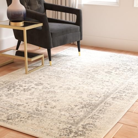 SAFAVIEH Distressed Teppich für Wohnzimmer, Esszimmer, Schlafzimmer - Adirondack Collection, Kurzer Flor, Elfenbein und Silber, 122 X 183 cm