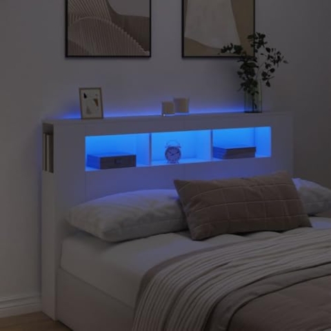 vidaXL LED Kopfteil, Bettkopfteil mit LED-Leuchten, Betthaupt mit Ablagen, Bettzubehör Schlafzimmer, Weiß 160x18,5x103,5cm Holzwerkstoff
