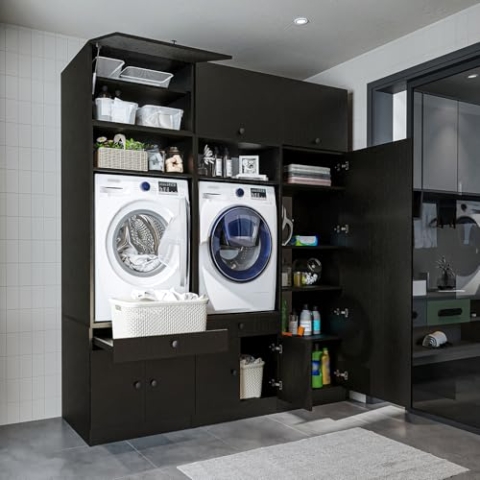 ROOMART Schrankwand für Waschküche & Hauswirtschaftsraum, in 3 Farben, 194 cm breit, Mit Ausziehbrett • Weiß • Schwarz Eiche (Mit Aufsatzschrank, Schwarz-Eiche)
