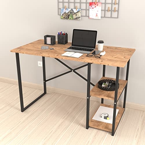 [en.casa] Schreibtisch Nittedal mit Regal Computertisch Eiche-Optik PC Tisch Bürotisch mit 2 Ablagen rechteckig Metallgestell