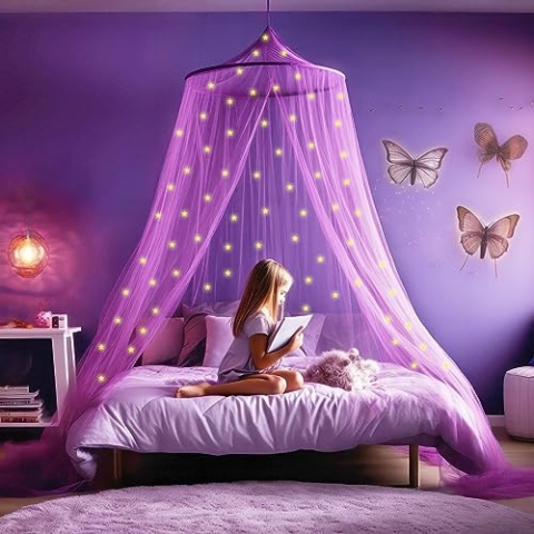 Lila Betthimmel mit vorgeklebten leuchtenden Sternen - Violett Prinzessinen Moskitonetz für Mädchen Zimmerdekoration - Himmelbett Vorhänge für Kinder und Baby Bett