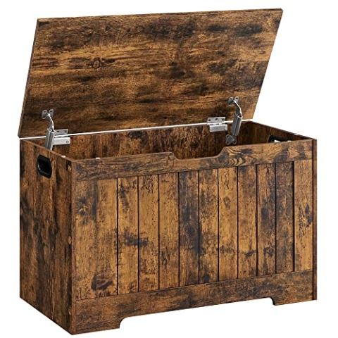 VASAGLE Schuhbank, Sitzbank mit Stauraum, Sitztruhe, 2 Sicherheitsscharniere, Aufbewahrungsschrank, Landhausstil, 40 x 76 x 48 cm, für Flur, Schlafzimmer, Wohnzimmer, vintagebraun LHS011T01