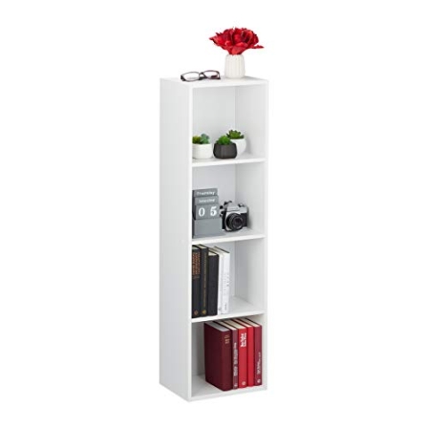 Relaxdays Bücherregal 4 Fächer, modernes Design, Wohnzimmer, Standregal schmal, aus PB, HxBxT: 106 x 30 x 23 cm, weiß