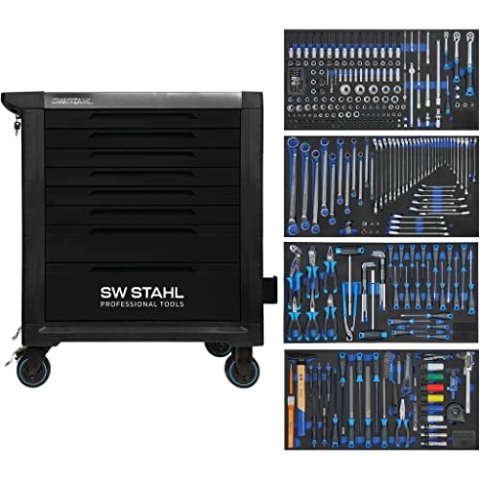 SW-Stahl Z3212 Profi Werkstattwagen TT802 schwarz I 8 Schubladen I 4 Schubladen gefüllt I 338 teilig I Werkstatt Rollwagen mit Werkzeug bestückt I Twin-Lock I Werkstattwagen kit I voll ausgestattet