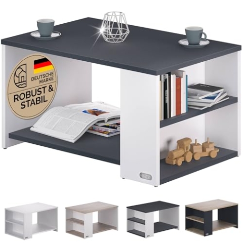 Casaria® Couchtisch Weiß Grau Holz mit Stauraum 2 Fächer 90x60x50cm Kratzfest 50kg Belastbar Eckig Ablage Beistelltisch Wohnzimmer Sofa Couch Tisch