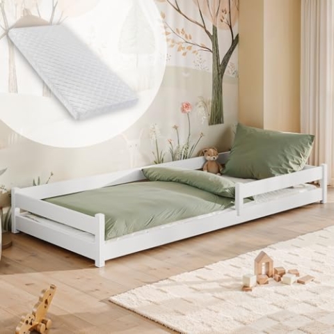 Kids Collective Kinderbett Bodenbett 90x190 cm mit Rausfallschutz & Lattenrost Montessori Bett Bed Gitterbett Kinder Jugendbett Einzelbett inklusive Matratze | weiß