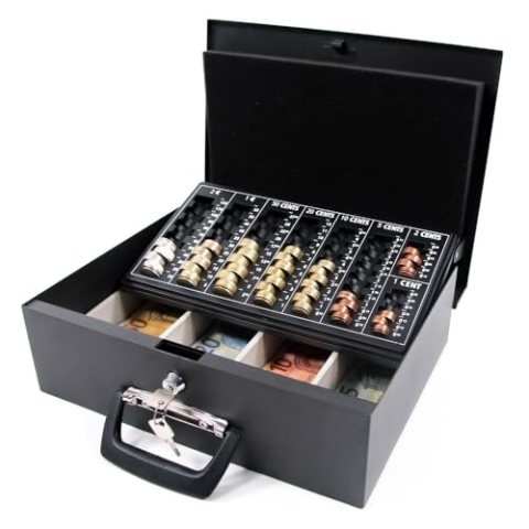 hjh OFFICE Geldkassette Safe I Stahl 35,5 x 27,5 x 10,5 cm, Euro-Münzbrett, abschließbar