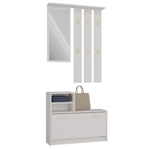 CDF Kleiderschrank Vera | Farbe: Kaschmir (beige) | Großer Spiegel | Kleiderbügel | Geräumiger Schuhschrank | Ideal für Diele, Flur | Praktische Ablagen | Modernes Design