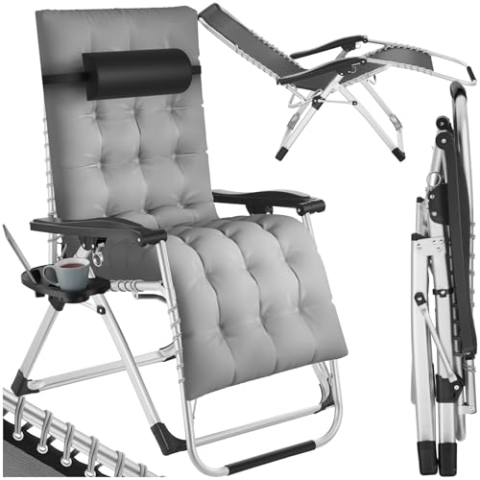 tectake® Sonnenliege klappbar, Liegestuhl, Gartenliege stufenlos verstellbar, Outdoor Sessel für Balkon oder Garten, Liege mit extra Dicker Auflage, Relaxliege belastbar bis 200kg - hellgrau, 1x