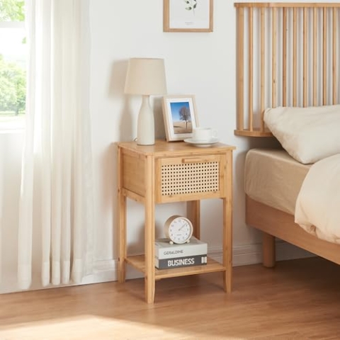 [en.casa] Nachttisch Leirfjord Beistelltisch mit Schublade und Ablagefach Nachtkommode Nachtschrank Wohnzimmertisch 60 x 40 x 35 cm Sofatisch Nachtkonsole Nebentisch aus Bambus Natur