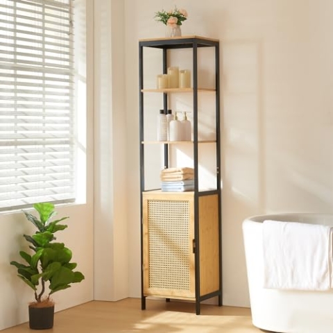 [en.casa] Hochschrank Tervola Badezimmerschrank schmaler Badschrank 3 Fächer Beistellschrank Badregal mit 1 Tür in Rattanoptik 172x40x35cm Bambus Schwarz