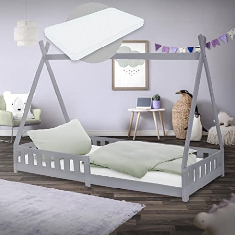 ML-Design Kinderbett Tipi 90x200 cm Hellgrau mit Matratze H:10 cm, Rausfallschutz & Lattenrost, Kiefernholz, Indianer Bett Massivholz Mädchen & Jungen, Hausbett mit Zaun, Jugendbett Spielbett Holzbett