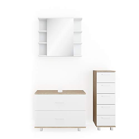 Vicco Badmöbel-Set Ilias, Badezimmerschrank-Set, Weiß/Sonoma, 3 Teile, mit Unterschrank 80 cm
