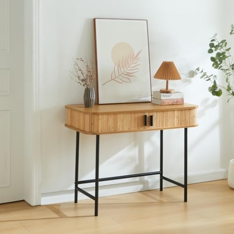 [en.casa] Konsolentisch Tvedestrand Konsole mit 2 Türen Flurtisch Ablagetisch Beistelltisch mit Stauraum 100 x 50 x 76 cm Metallgestell Telefontisch Holzfarben/Schwarz