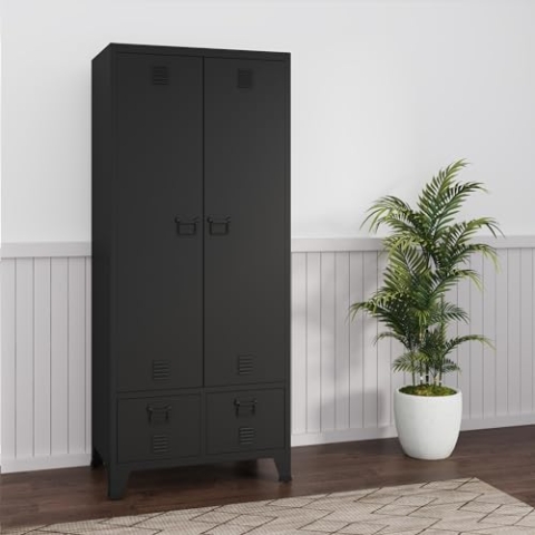 [en.casa] Kleiderschrank Hankasalmi mit 2 Schubladen 2 türig mit Kleiderstange Schlafzimmerschrank Metall Schwarz Garderobenschrank mit 2 Ablagen 180 x 90 x 40 cm