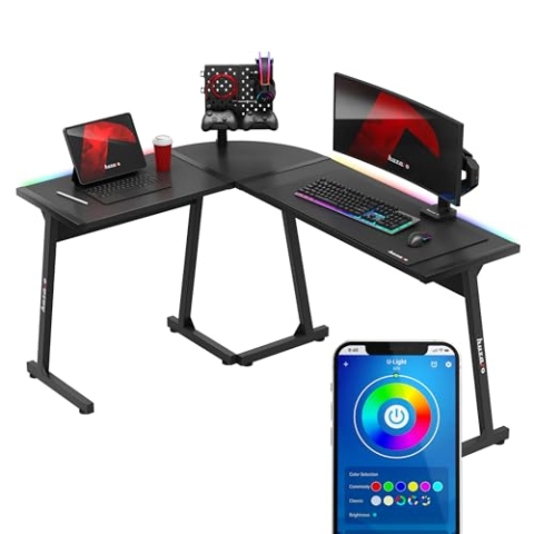 huzaro Hero 6.0 RGB | L-Form Eckschreibtisch Gaming Tisch Schreibtisch | LED-Beleuchtung mit Musik synchronisieren | Rechts Links Montage | Carbon Tischplatte | Homeoffice | 147x112cm | Schwarz