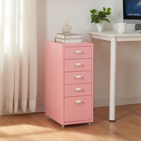 [en.casa] Rollcontainer Kökar Schubladenschrank Metall Aktenschrank mit 5 Schubladen Bürowagen mit Rollen für Arbeitszimmer 69 x 28 x 41 cm Rosa