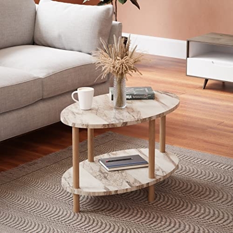 [en.casa] Couchtisch Højreby Sofatisch mit 1 Ablage oval Wohnzimmer 70 x 44 x 43 cm Beine aus Buchenholz Marmoroptik, Creme