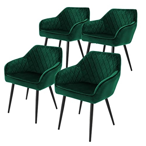 ML-Design 4er Set Esszimmerstühle mit Armlehne und Rückenlehne, Dunkelgrün, Küchenstuhl mit Samtbezug, Polsterstuhl mit Metallbeinen, Ergonomischer Stuhl für Esstisch, Esszimmerstuhl Wohnzimmerstuhl