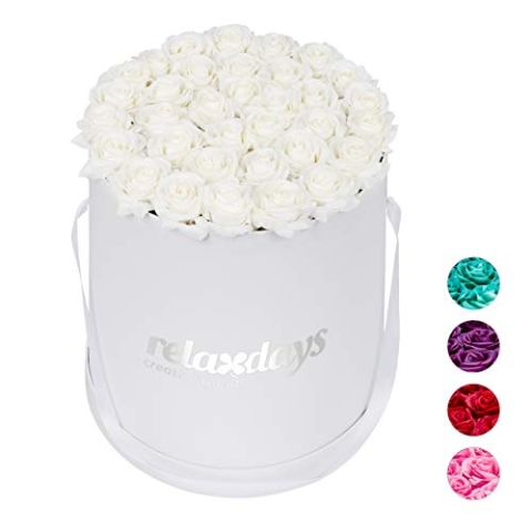 Relaxdays Rosenbox rund, 34 Rosen, stabile Flowerbox weiß, lange haltbar, Geschenkidee, dekorative Blumenbox, weiß, 33 x 32 x 32 cm