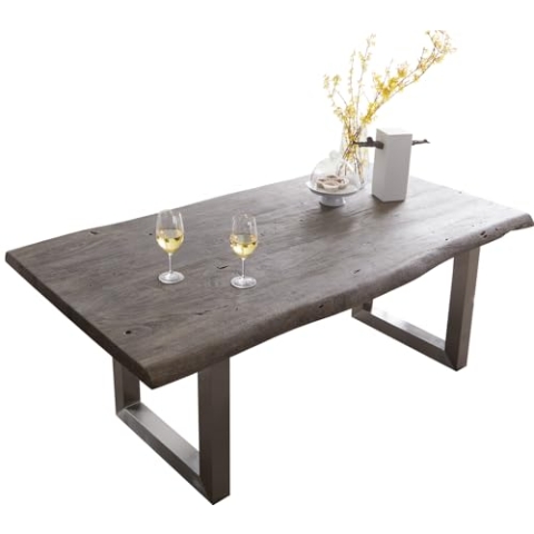 DELIFE Esszimmertisch Edge Akazie Platin 180x90 XL Edelstahl Breit Live-Edge