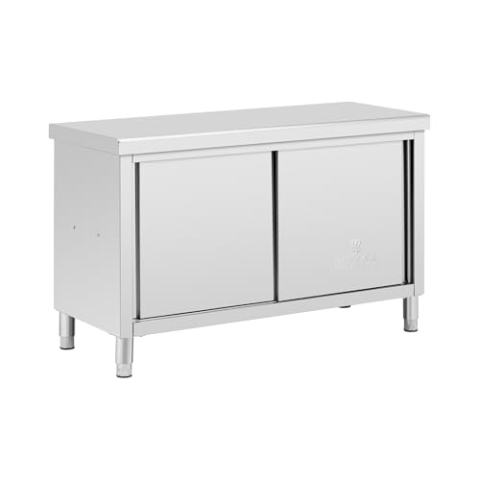 Royal Catering Edelstahl-Arbeitsschrank mit Durchreiche 140 x 60 cm 1 Einlegeboden 500 kg max. Tragkraft verstärkte Oberfläche höhenverstellbare Füße Durchreicheschrank Edelstahlschrank Gastro