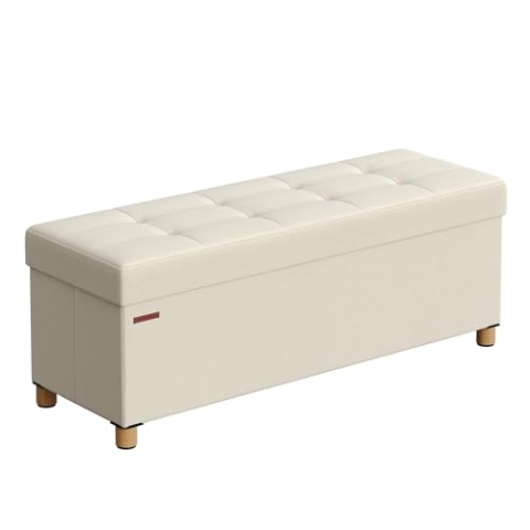 SONGMICS Sitzhocker mit Stauraum, klappbare Sitzbank mit Beinen, 38 x 110 x 40 cm Fußbank, Aufbewahrungsbox, bis 300 kg belastbar, für Wohnzimmer Schlafzimmer Flur, cremeweiß LSF018W11