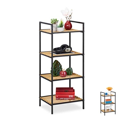 Relaxdays Standregal 4 Ablagen, Bambus & Metall, offenes Regal, Stehregal Flur, HxBxT: 95 x 39 x 32,5 cm, braun-schwarz