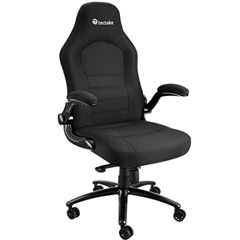 tectake Bürostuhl, Schreibtischstuhl mit klappbaren Armlehnen & Wippfunktion, höhenverstellbarer Drehstuhl mit Rollen, Chefsessel mit Stoffbezug, Bürostuhl ergonomisch, PC Stuhl - schwarz