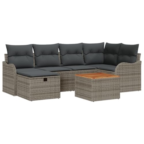 vidaXL 7-teiliges Gartensofa-Set mit Kissen in Grau aus Poly Rattan, 2-Sitzer Gartensofa mit Kissen in Grau aus Poly Rattan