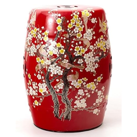 Fine Asianliving Keramik Hocker Rot Blüten Handgefertigt - Ayumi D30xH45cm China Keramik Gartenhocker Porzellan Glasierte Keramik Stool Chinesische Hocker Drum Garden Stool