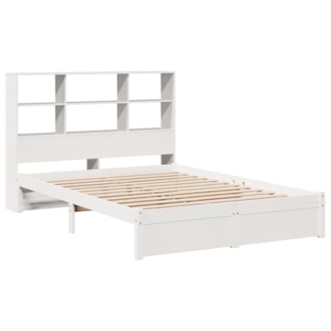 vidaXL Massivholzbett, Bett mit Bücherregal ohne Matratze, Bettgestell mit Lattenrost, Holzbett Doppelbett für Schlafzimmer, Weiß 120x200cm Kiefer