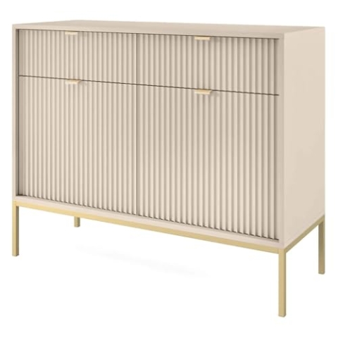Selsey Vellore Sideboard Kommode 2-türig mit 2 Schubladen, Beige mit geriffelten Fronten und goldenen Metallbeinen, 104 cm