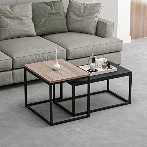 [en.casa] Satztisch Aabenraa im 2er Set Couchtisch Beistelltisch aus Spanplatte und Metall Eiche/Schwarz