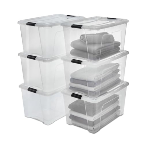 Iris Ohyama Aufbewahrungsboxen mit Deckel, 45L, 6er-Set, Transparent, Sicherer Verschluss, Stapelbar, Griffe, Schlafzimmer, Schrank, Büro, Organisation, BPA-freies Plastik, Ordnungsboxen, NTB-45