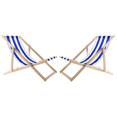 WOODOK 2-er Liegestuhl Set aus Buchholz Strandstuhl Sonnenliege Gartenliege für Strand, Garten, Balkon und Terrasse Liege Klappbar bis 120kg (Blaue Streifen)