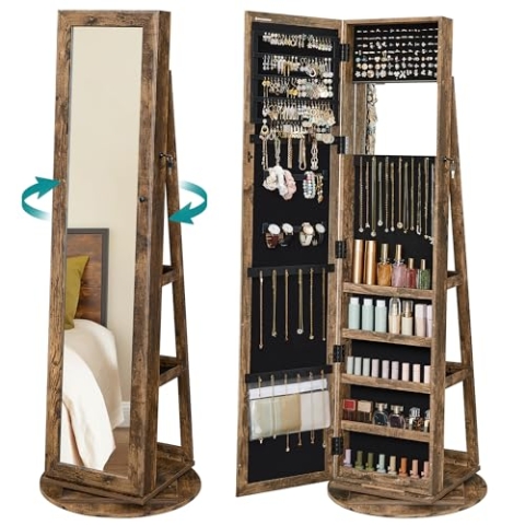 SONGMICS Schmuckschrank, Spiegelschrank, mit Ganzkörperspiegel, um 360° drehbar, Schmuckaufbewahrung, abschließbar, mit Schlüsseln, Schlafzimmer, Geschenkidee, vintagebraun JJC062K01
