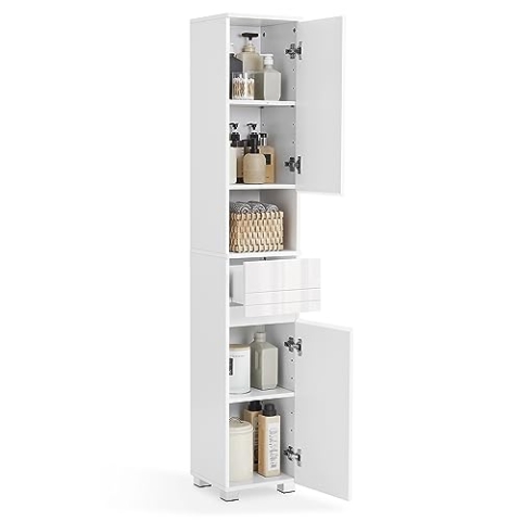 VASAGLE Badezimmerschrank, Badschrank, Badezimmermöbel mit Einer Schublade, verstellbare Ablagen, offenes Fach, 30 x 30 x 170 cm, klassikweiß BBC560P31