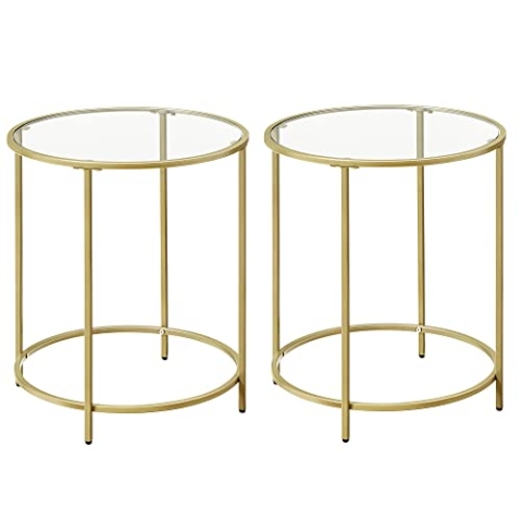 VASAGLE Beistelltisch rund, 2er Set, Kleiner Couchtisch, Glastisch mit Metallgestell, Nachttisch, Sofatisch, Balkon, Hartglas, goldfarben LCT631B01