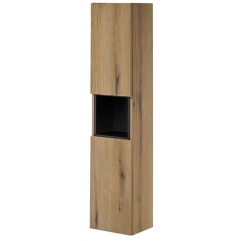 [en.casa] Badezimmerschrank Skelbolu Badschrank mit Regaleinsatz schmal 30 x 140 x 25 cm Hochschrank mit 2 Türen wandhängend Badhochschrank Eichenoptik