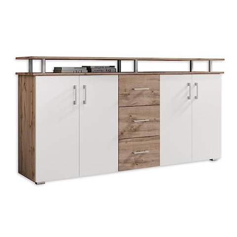 LIFT Highboard mit Ablage in Wildeiche Optik, Weiß - Moderner Wohnzimmerschrank mit Schubladen und viel Stauraum für Ihren Wohnbereich - 178 x 90 x 38 cm (B/H/T)